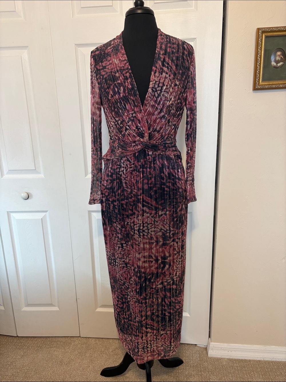 NWT Anne Klein Metallic Plissé Twist-Front Maxi Dress | Size 8.